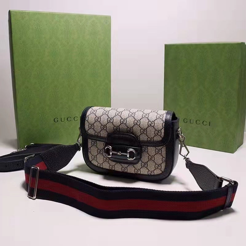 Gucci Women Horsebit 1955 GG Mini Bag Beige Blue GG Supreme Canvas