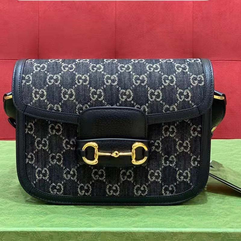 Gucci Women Horsebit 1955 Shoulder Bag Black Ivory GG Denim Jacquard