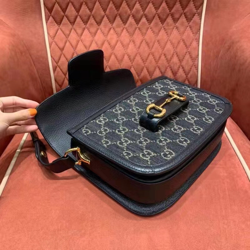 Gucci Women Horsebit 1955 Shoulder Bag Black Ivory GG Denim Jacquard