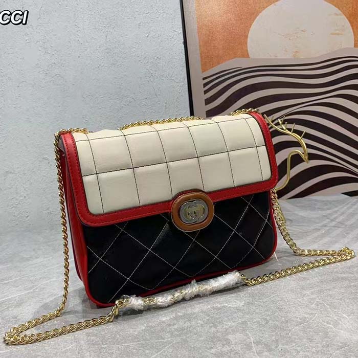 Gucci Women GG Deco Mini Shoulder Bag Black White Quilted Leather Interlocking G