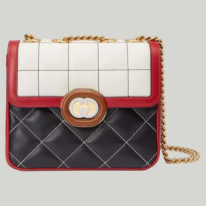 Gucci Women GG Deco Mini Shoulder Bag Black White Quilted Leather Interlocking G