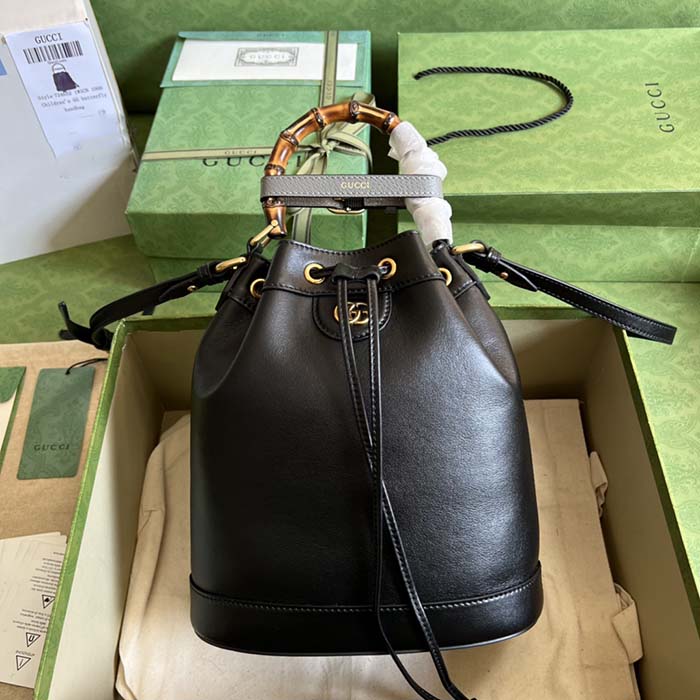 Gucci Women GG Diana Small Bucket Bag Black Leather Double G