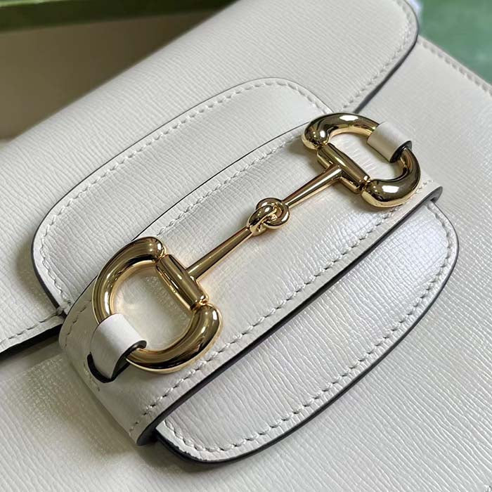 Gucci Women GG Horsebit 1955 Mini Round Shoulder Bag White Leather Cotton Linen Lining