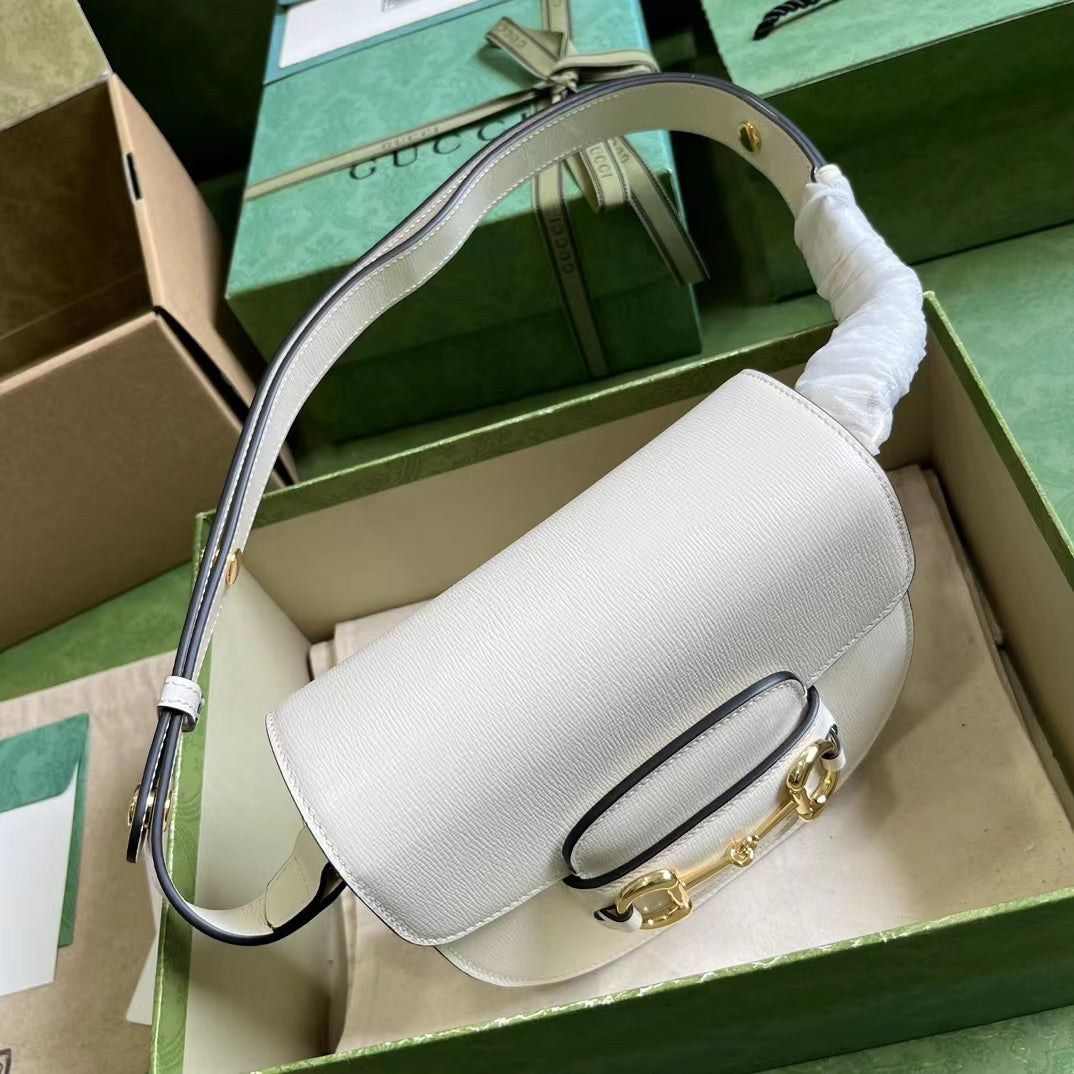 Gucci Women GG Horsebit 1955 Mini Round Shoulder Bag White Leather Cotton Linen Lining