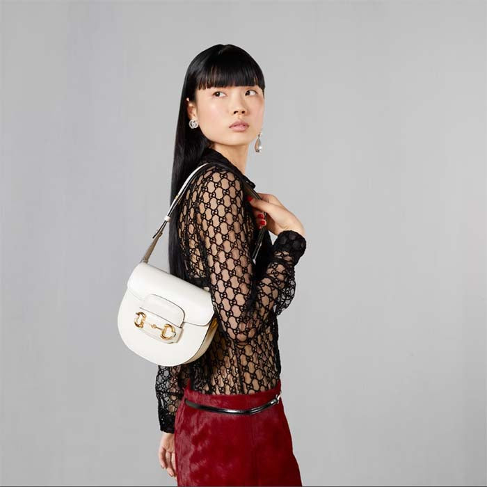 Gucci Women GG Horsebit 1955 Mini Round Shoulder Bag White Leather Cotton Linen Lining