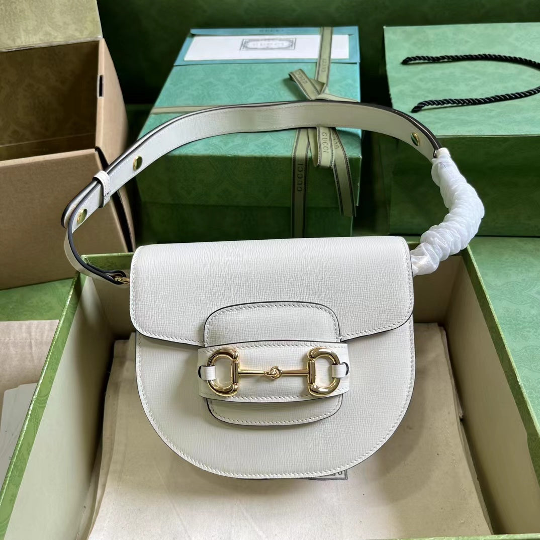 Gucci Women GG Horsebit 1955 Mini Round Shoulder Bag White Leather Cotton Linen Lining