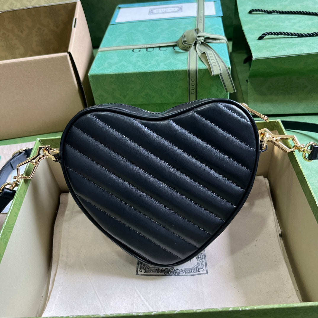 Gucci Women GG Interlocking G Mini Heart Shoulder Bag Black Diagonal Matelassé Leather