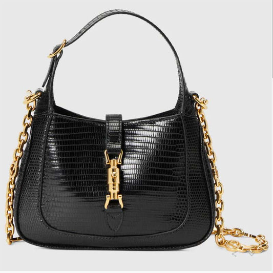 Gucci Women GG Jackie 1961 Lizard Mini Bag Black Lizard Gold-Toned Hardware