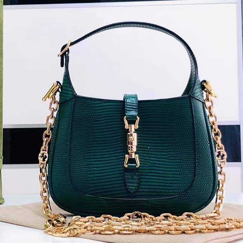 Gucci Women GG Jackie 1961 Lizard Mini Bag Vintage Green Gold-Toned Hardware