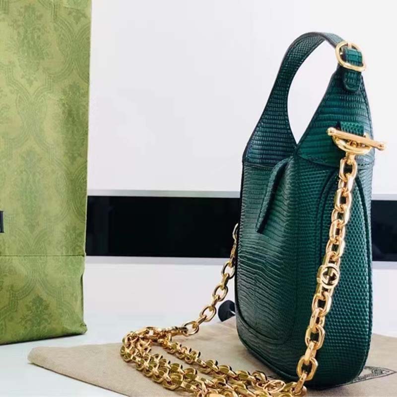 Gucci Women GG Jackie 1961 Lizard Mini Bag Vintage Green Gold-Toned Hardware