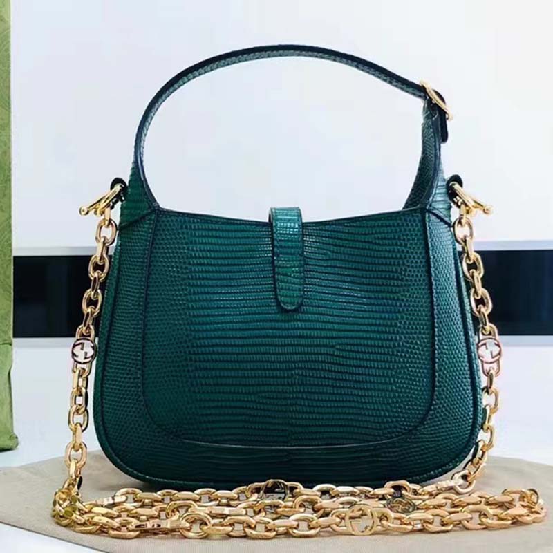 Gucci Women GG Jackie 1961 Lizard Mini Bag Vintage Green Gold-Toned Hardware