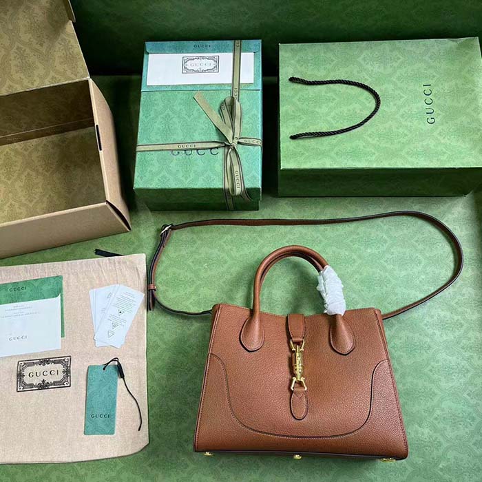 Gucci Women GG Jackie 1961 Small Natural Grain Tote Brown Leather Medium Size