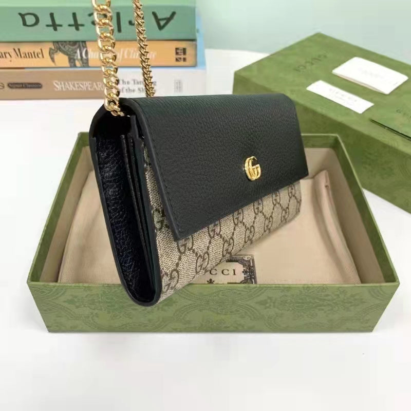 Gucci Women GG Marmont Chain Wallet Black Beige Ebony GG Supreme Canvas