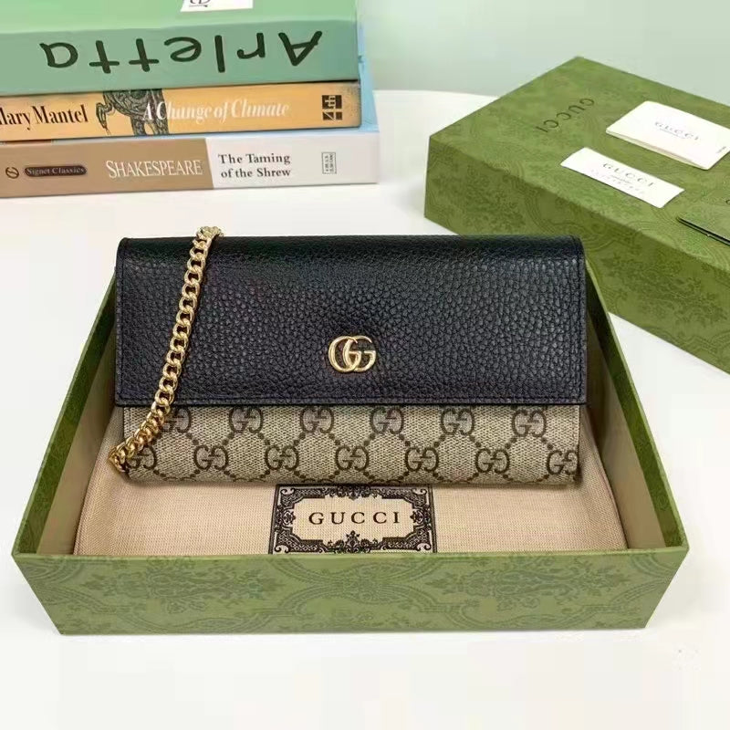 Gucci Women GG Marmont Chain Wallet Black Beige Ebony GG Supreme Canvas