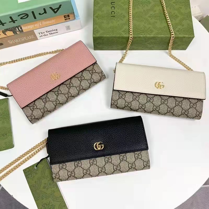 Gucci Women GG Marmont Chain Wallet Black Beige Ebony GG Supreme Canvas