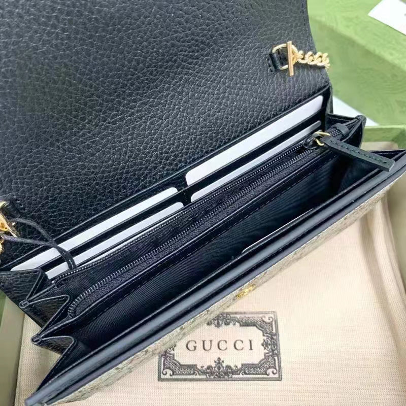 Gucci Women GG Marmont Chain Wallet Black Beige Ebony GG Supreme Canvas