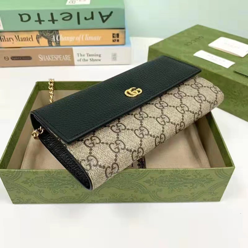 Gucci Women GG Marmont Chain Wallet Black Beige Ebony GG Supreme Canvas