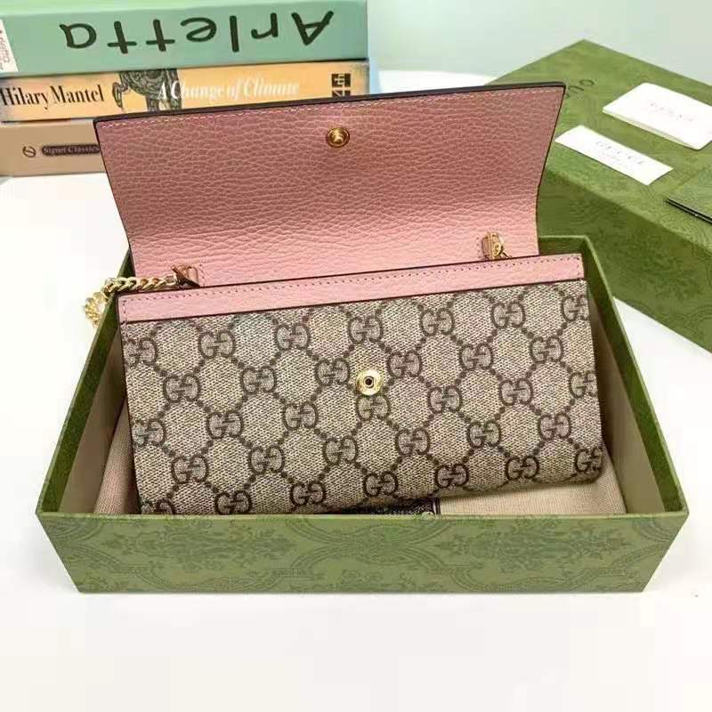 Gucci Women GG Marmont Chain Wallet Brown Beige and Ebony GG Supreme Canvas