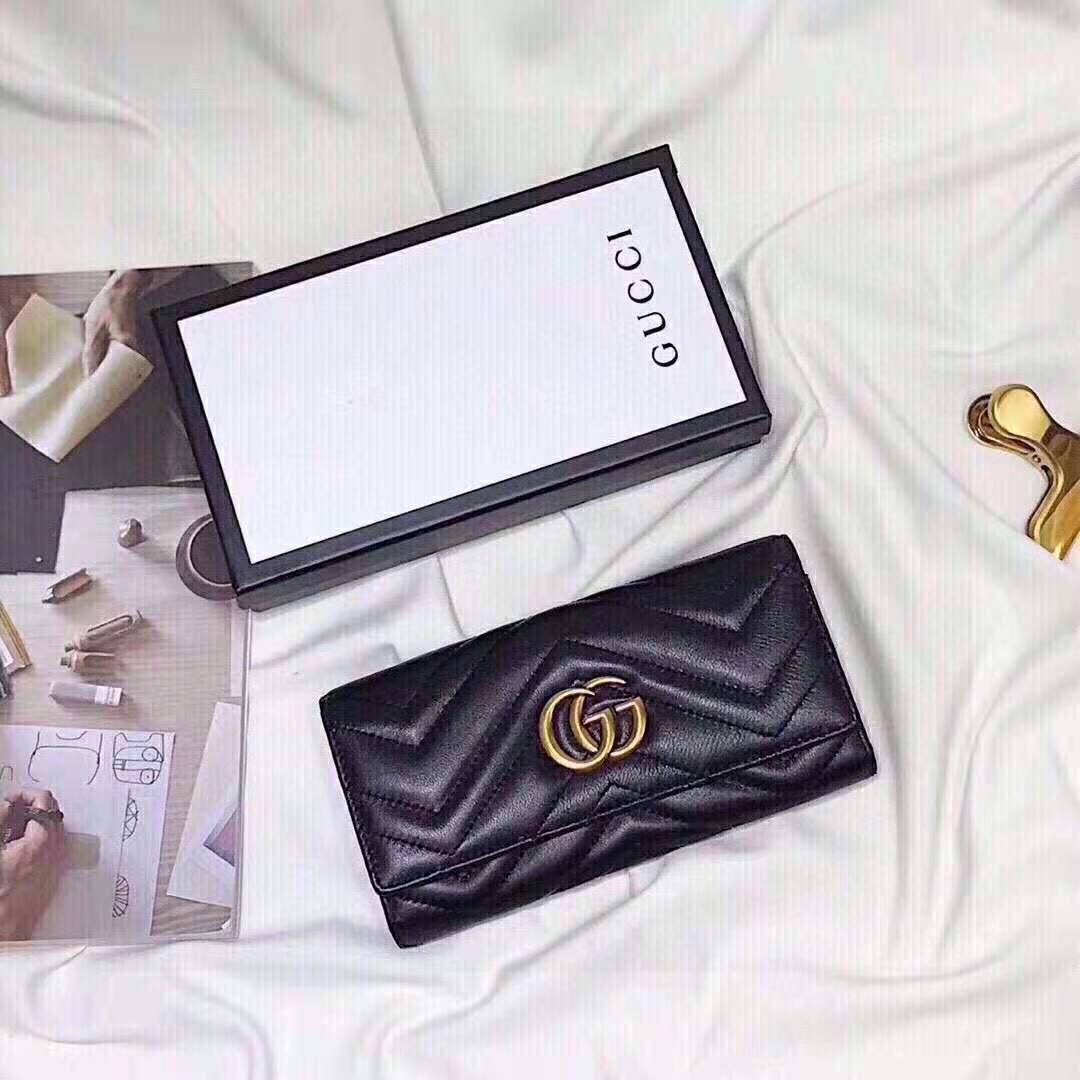 Gucci Women GG Marmont Continental Wallet Black Matelassé Chevron Leather with GG