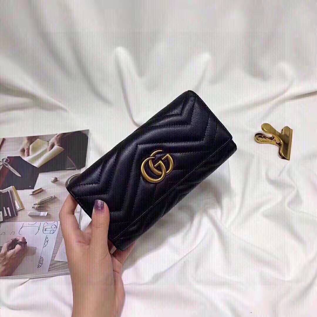 Gucci Women GG Marmont Continental Wallet Black Matelassé Chevron Leather with GG