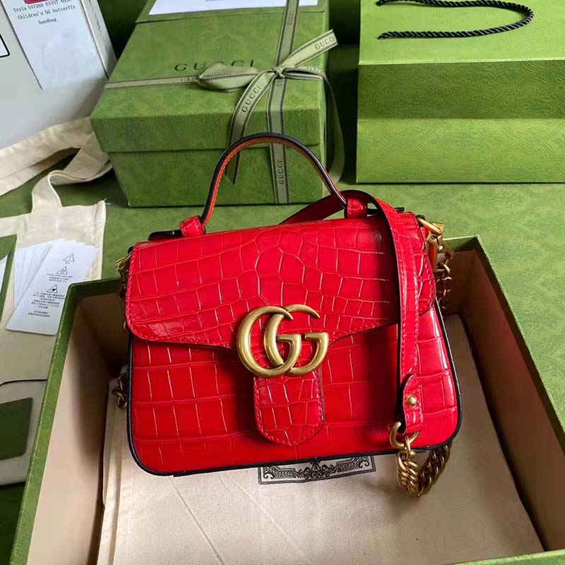 Gucci Women GG Marmont Crocodile Mini Top Handle Bag Red