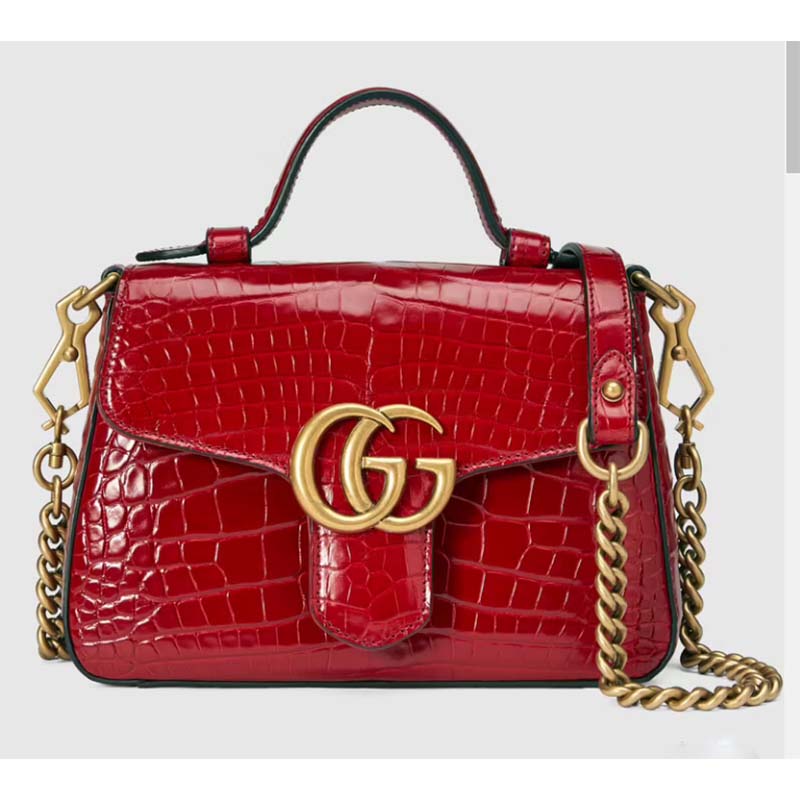 Gucci Women GG Marmont Crocodile Mini Top Handle Bag Red