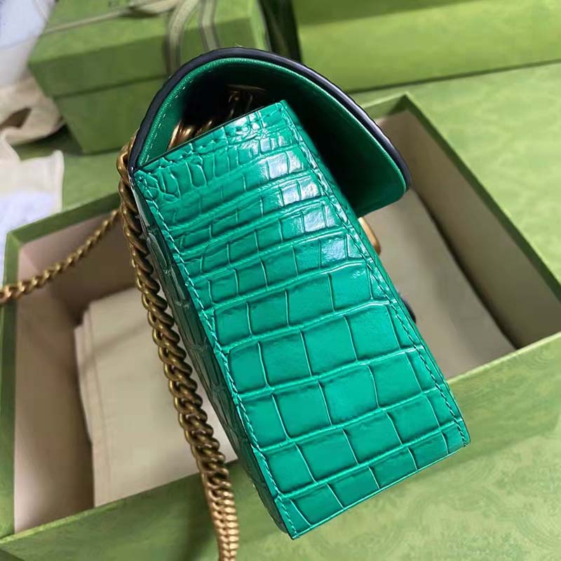 Gucci Women GG Marmont Crocodile Small Shoulder Bag Green Double G