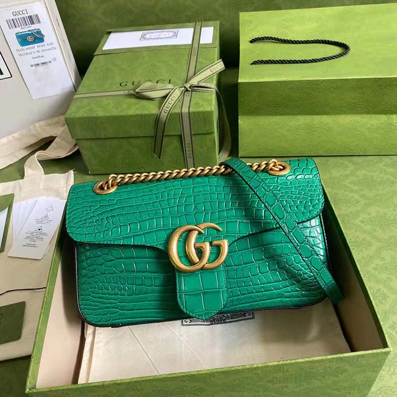 Gucci Women GG Marmont Crocodile Small Shoulder Bag Green Double G