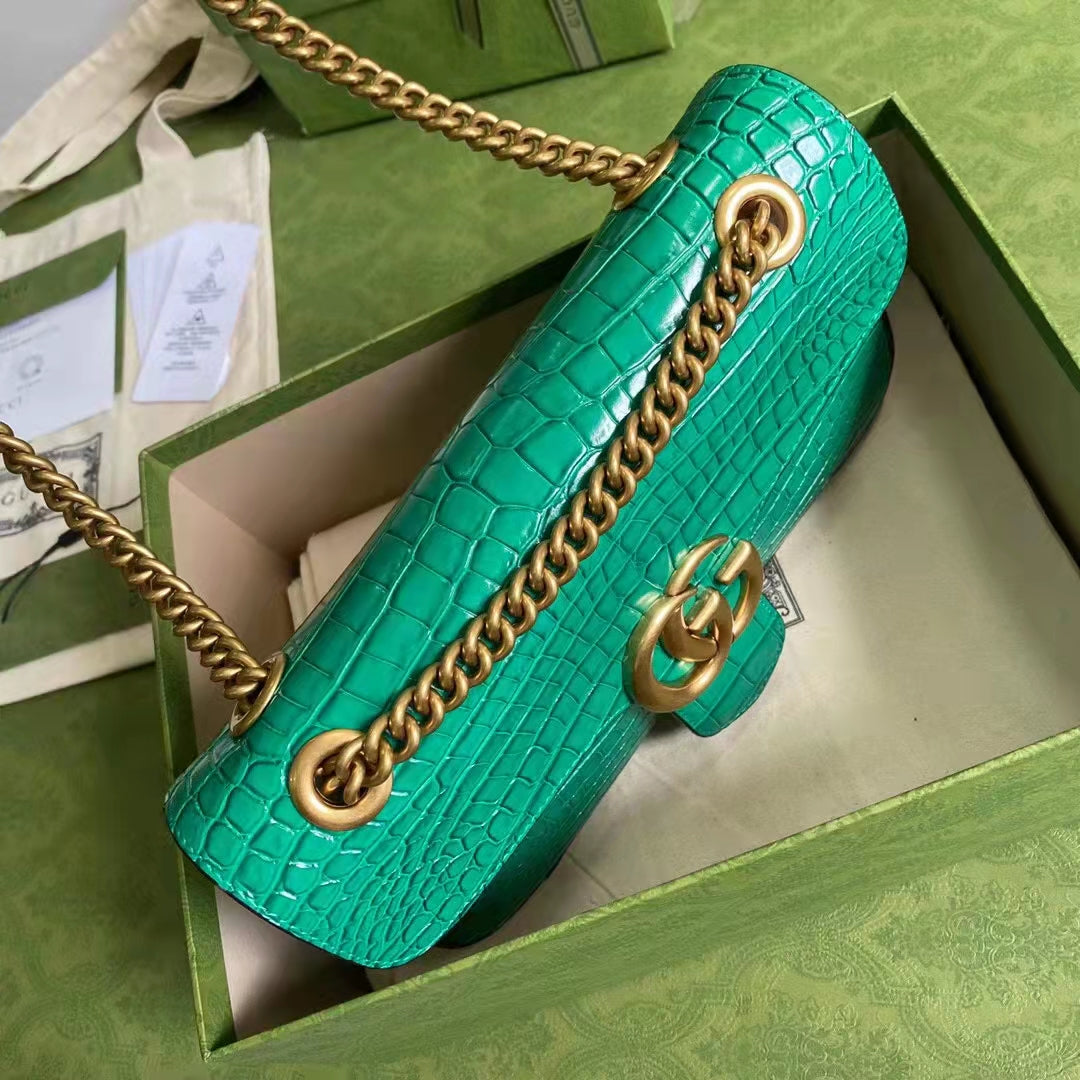 Gucci Women GG Marmont Crocodile Small Shoulder Bag Green Double G