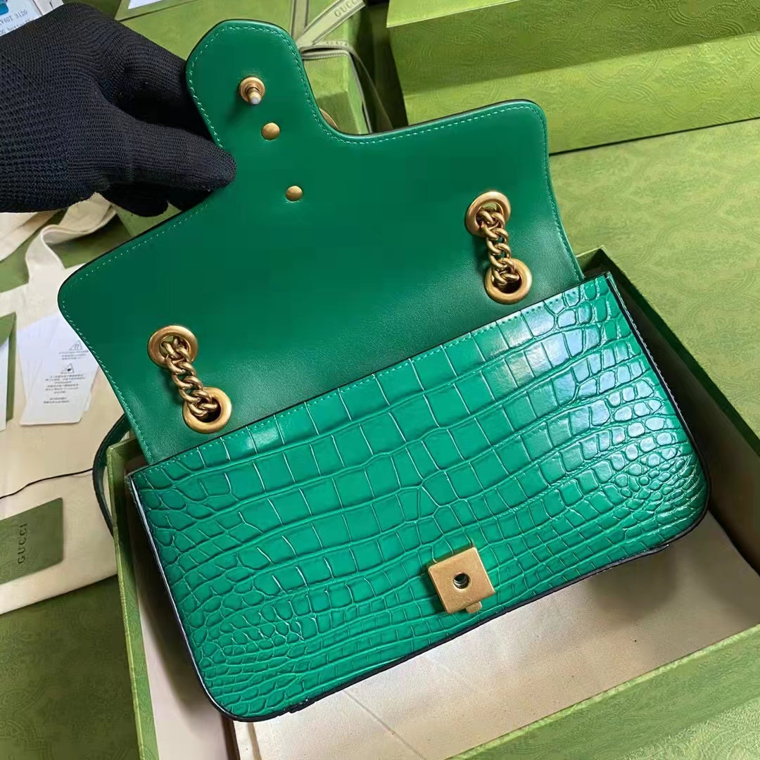 Gucci Women GG Marmont Crocodile Small Shoulder Bag Green Double G