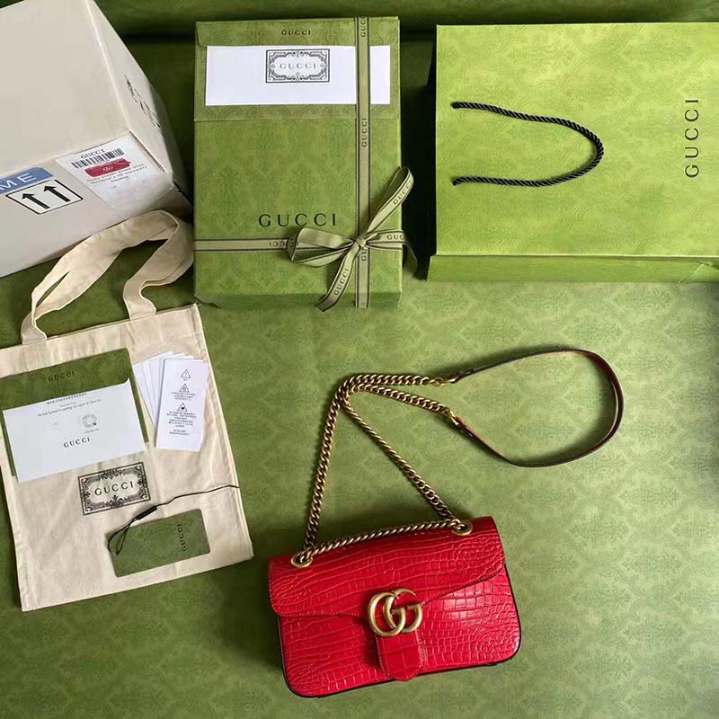 Gucci Women GG Marmont Crocodile Small Shoulder Bag Red Double G