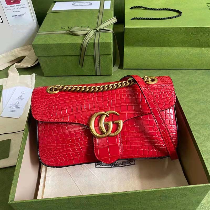 Gucci Women GG Marmont Crocodile Small Shoulder Bag Red Double G