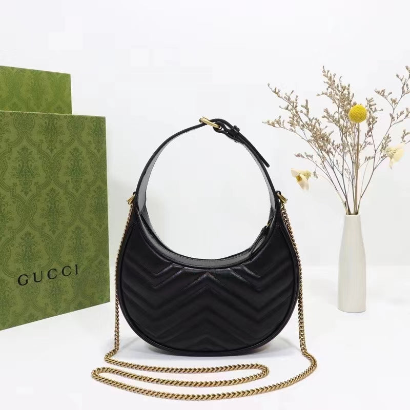 Gucci Women GG Marmont Half-Moon-Shaped Mini Bag Black Matelassé Chevron