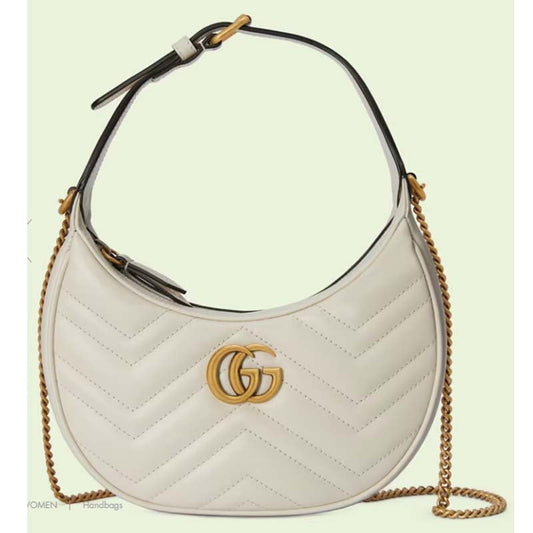 Gucci Women GG Marmont Half-Moon-Shaped Mini Bag White Matelassé Chevron