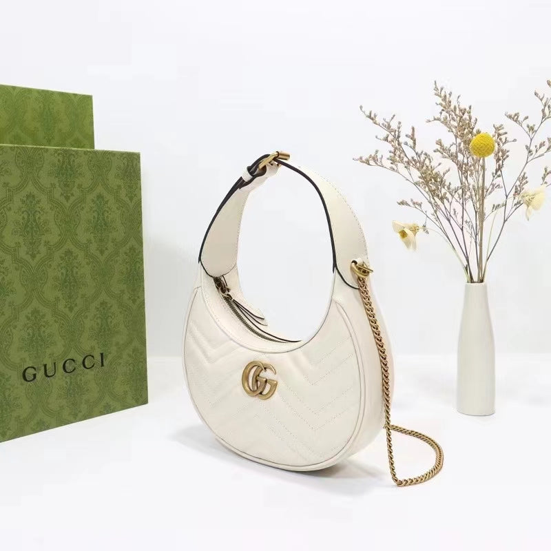 Gucci Women GG Marmont Half-Moon-Shaped Mini Bag White Matelassé Chevron