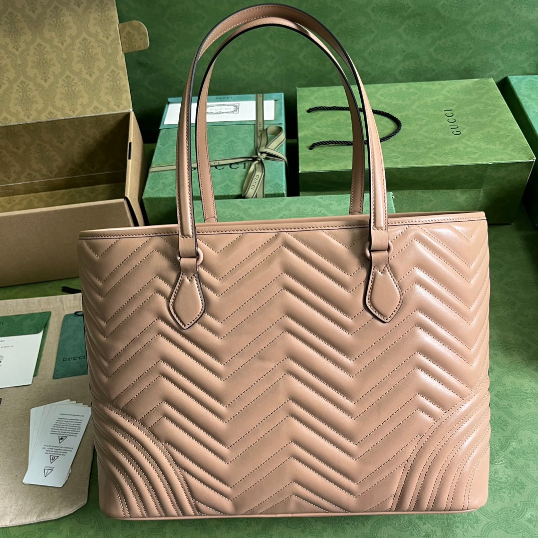 Gucci Women GG Marmont Large Tote Bag Rose Beige Matelassé Chevron Leather