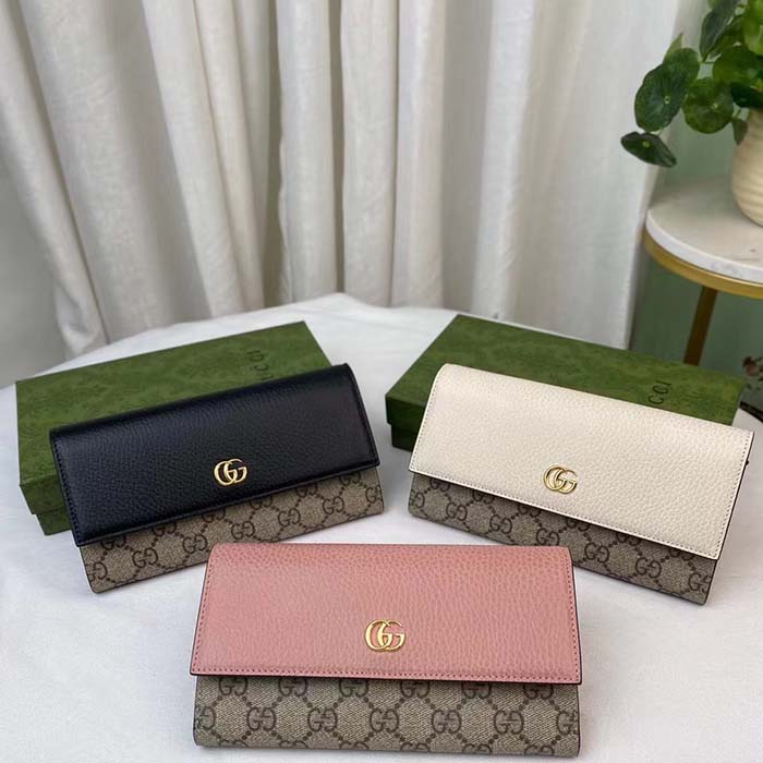 Gucci Women GG Marmont Leather Continental Wallet Beige Ebony GG Supreme Canvas