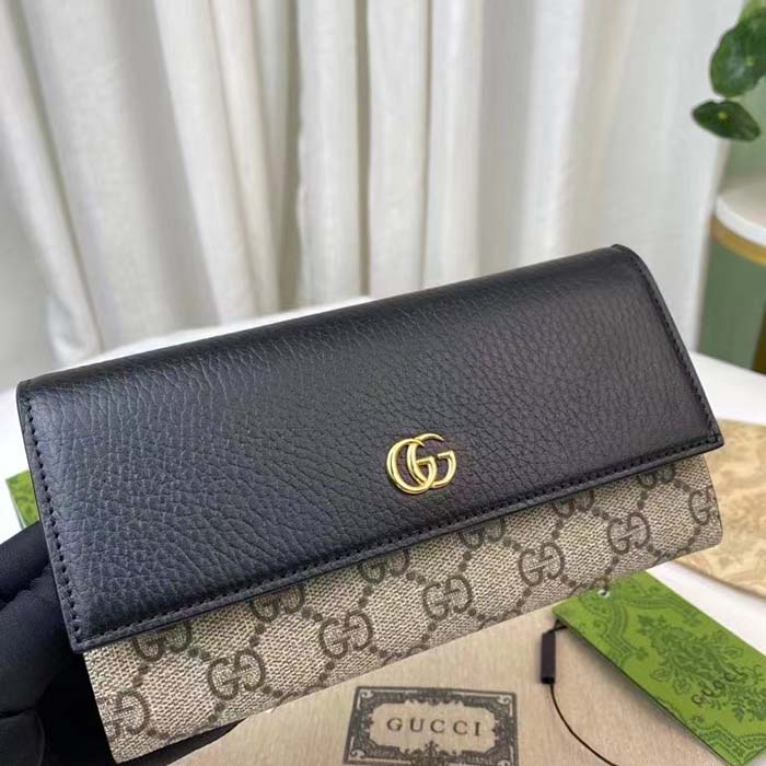 Gucci Women GG Marmont Leather Continental Wallet Beige Ebony GG Supreme Canvas