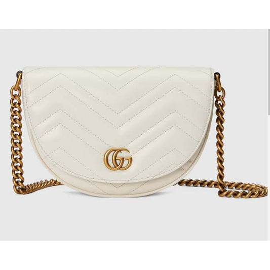 Gucci Women GG Marmont Matelassé Chain Mini Bag White Chevron Leather Double G