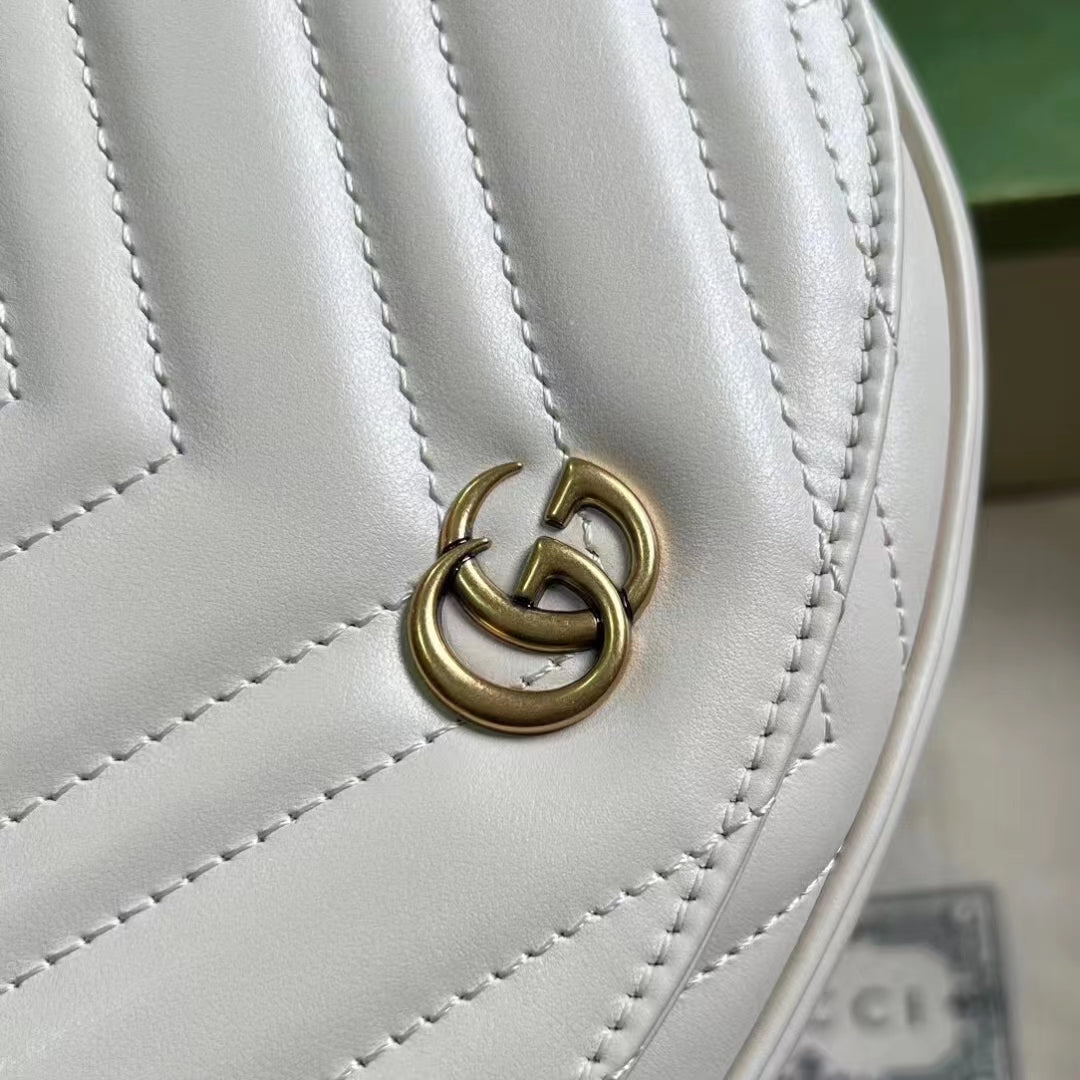 Gucci Women GG Marmont Matelassé Chain Mini Bag White Chevron Leather Double G