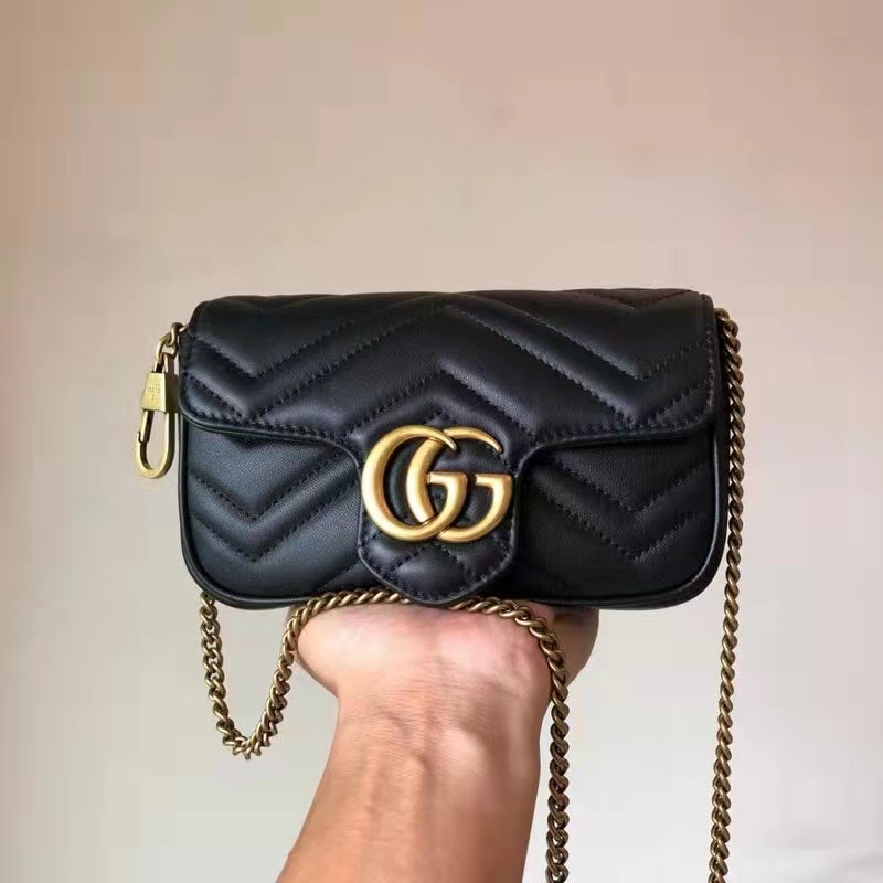 Gucci Women GG Marmont Matelassé Leather Super Mini Bag Black Double G