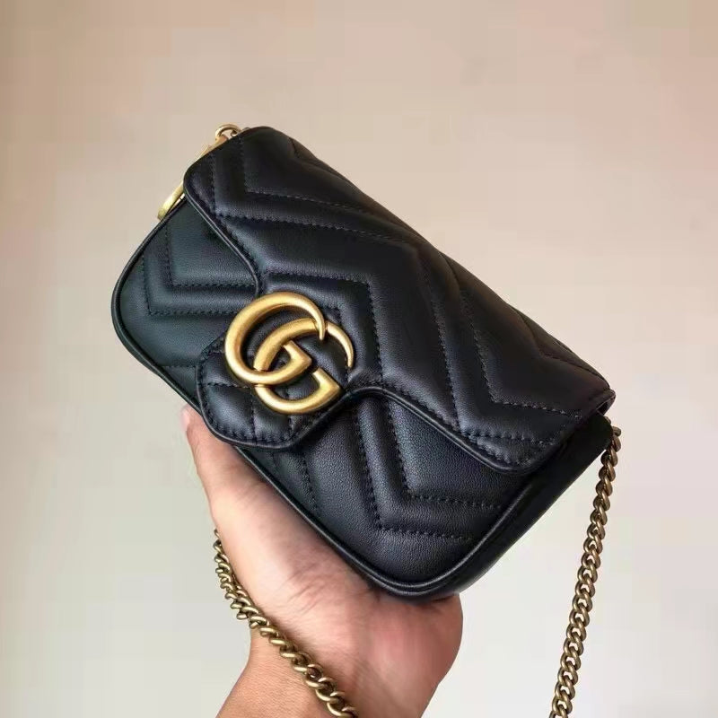 Gucci Women GG Marmont Matelassé Leather Super Mini Bag Black Double G