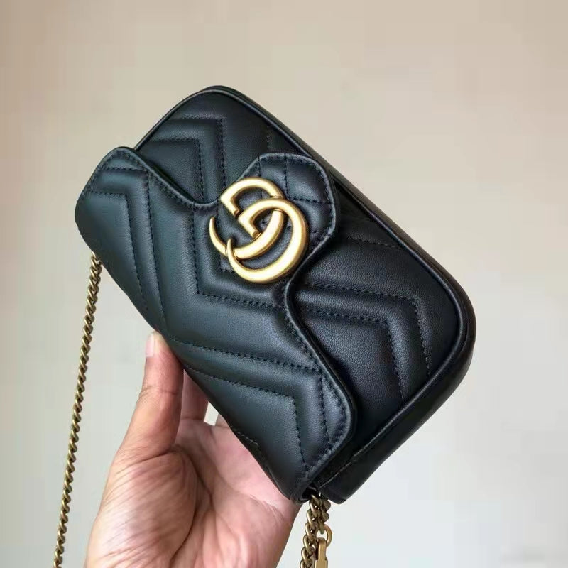 Gucci Women GG Marmont Matelassé Leather Super Mini Bag Black Double G