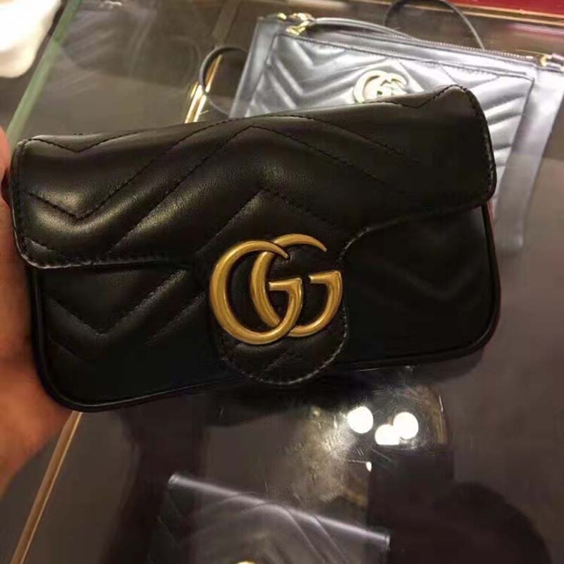 Gucci Women GG Marmont Matelassé Leather Super Mini Bag Black Double G