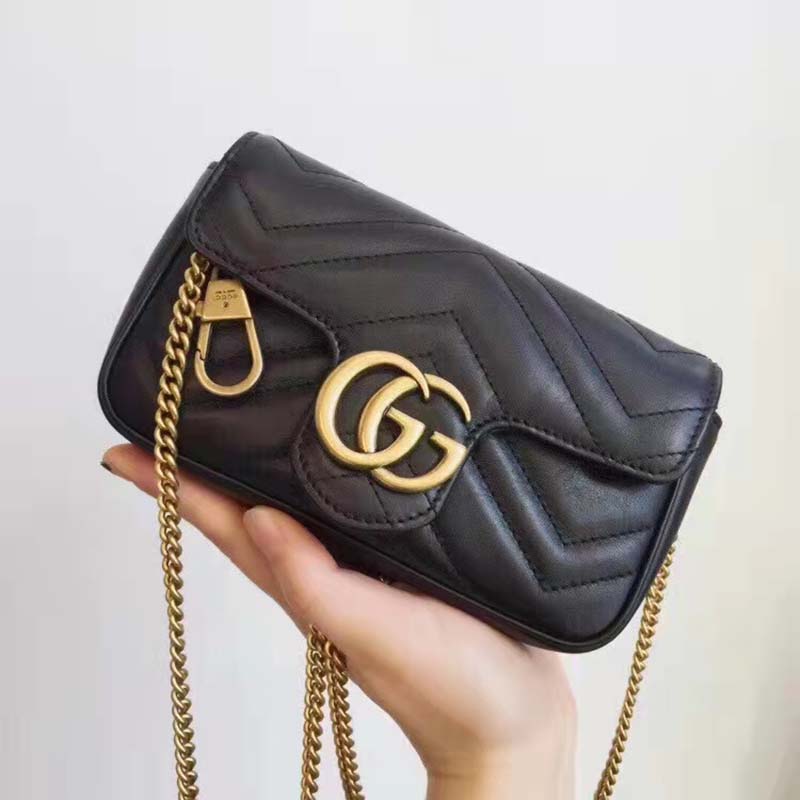 Gucci Women GG Marmont Matelassé Leather Super Mini Bag Black Double G