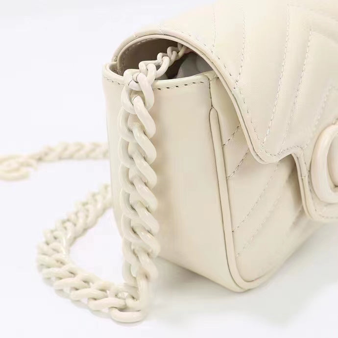 Gucci Women GG Marmont Matelassé Mini Shoulder Bag White Chevron Leather Double G