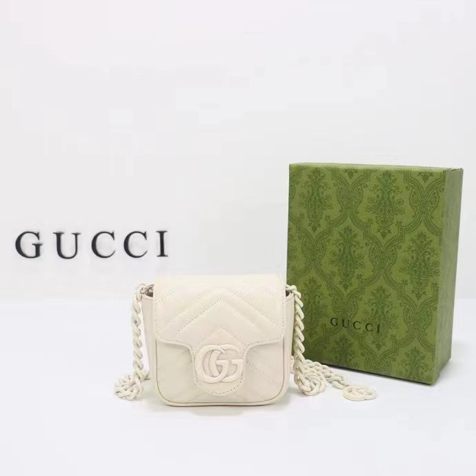 Gucci Women GG Marmont Matelassé Mini Shoulder Bag White Chevron Leather Double G