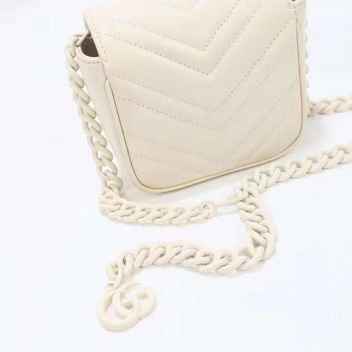 Gucci Women GG Marmont Matelassé Mini Shoulder Bag White Chevron Leather Double G