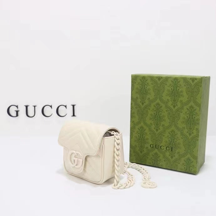 Gucci Women GG Marmont Matelassé Mini Shoulder Bag White Chevron Leather Double G