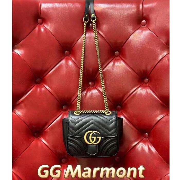 Gucci Women GG Marmont Matelassé Mini Tote Bag Black Chevron Leather Double G